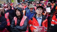 Postal workers, Openreach engineers and call centre staff listening to speeches at a mass rally outside Brighton Delivery Office during Communication Workers Union strike action. Picture date: Thursday October 20, 2022.
