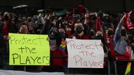 Portland Thorns fans hold signs during the first half of the team&#39;s NWSL soccer match against the Houston Dash in Portland, Ore., Wednesday, Oct. 6, 2021. Pic: AP