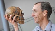 Swedish geneticist Svante Paabo, director of Leipzig&#39;s Max Planck-Institute for Evolutionary Anthropology holds a skull in this handout picture taken in Leipzig, Germany, April 27, 2010. Frank Vinken/Max-Planck Institute/Handout via REUTERS THIS IMAGE HAS BEEN SUPPLIED BY A THIRD PARTY. NO RESALES. NO ARCHIVES