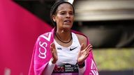 Ethiopia&#39;s Yalemzerf Yehualaw reacts after winning the Women&#39;s Elite Race during the TCS London Marathon. Picture date: Sunday October 2, 2022.