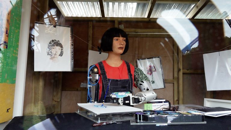Ai-Da is heralded as the world&#39;s first ultra-realistic robot artist and has been producing abstract paintings of Glastonbury headliners
