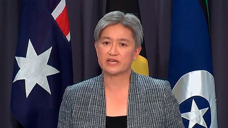 In this image taken from video, Australian Foreign Minister Penny Wong speaks during a press conference, Tuesday, Oct. 18, 2022, in Canberra, Australia. Wong announced Australia has reversed a previous government&#39;s recognition of West Jerusalem as Israel&#39;s capital. (Australia Pool via AP)