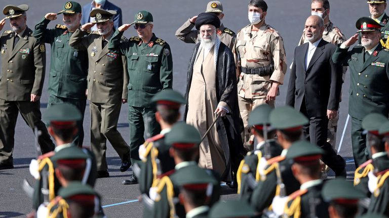 Iran&#39;s Supreme Leader Ayatollah Ali Khamenei reviews armed forces during a graduation ceremony for armed Forces Officers&#39; Universities at the police academy in Tehran, Iran October 3, 2022. Office of the Iranian Supreme Leader/WANA (West Asia News Agency)/Handout via REUTERS ATTENTION EDITORS - THIS PICTURE WAS PROVIDED BY A THIRD PARTY.
