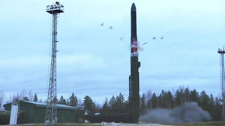 A still image from video, released by the Russian Defence Ministry, shows what it said to be Russia&#39;s Yars intercontinental ballistic missile launch during exercises held by the country&#39;s strategic nuclear forces at the Plesetsk Cosmodrome, Russia