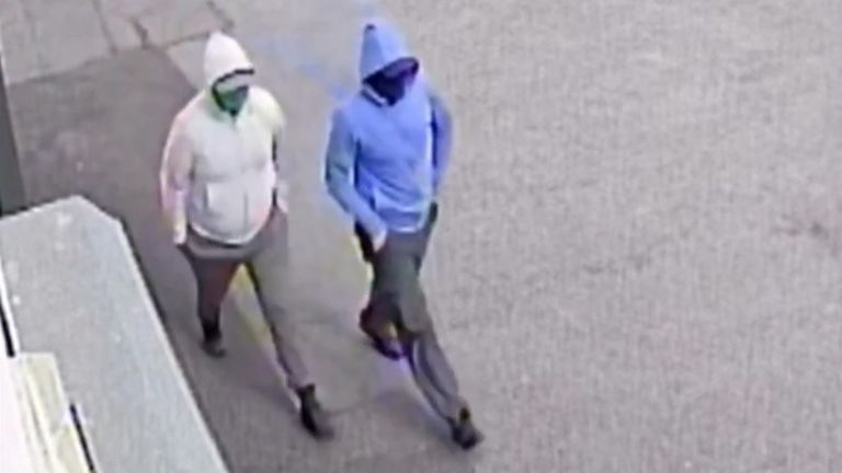 Still from CCTV issued by the PSNI of two suspects at the scene of the shooting of Sean Fox in west Belfast on Sunday. Issue date: Tuesday October 4, 2022.