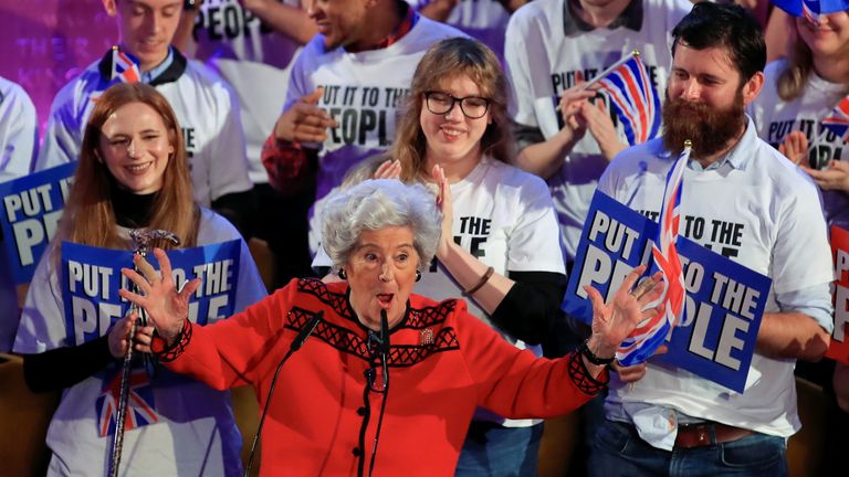 Betty Boothroyd speaks during a rally organized by People's Vote, calling for another Brexit referendum, ahead of the EU summit, in London, Britain, April 9, 2019.