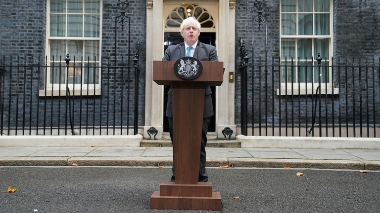 Outgoing Prime Minister Boris Johnson makes a speech outside 10 Downing Street, London, before leaving for Balmoral for an audience with Queen Elizabeth II to formally resign 