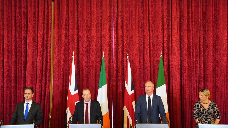 Minister of State for Northern Ireland Steve Baker, the Secretary of State for Northern Ireland Chris Heaton-Harris, Irish Foreign Affairs Minister Simon Coveney and Minister for Justice Helen McEntee speaking during the British-Irish Intergovernmental Conference