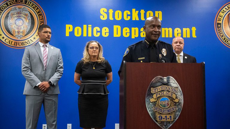 Stockton Police Chief Stanley McFadden speaks during a news conference at the Stockton Police Department headquarters about the arrest of suspect Wesley Brownlee in a series of killings in Stockton, Calif., Saturday, Oct. 15, 2022. Pictured behind McFadden are Stockton Mayor Kevin Lincoln, left, San Joaquin County District Attorney Tori Veber Salazar and Stockton city manager Harry Black. (Clifford Oto/The Record via AP)