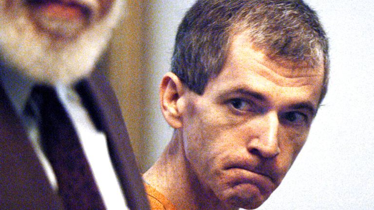 Serial killer and former nurse Charles Cullen, right, listens as the prosecution presents its case during a hearing at Warren County Courthouse in Belvidere, New Jersey in 2004. Pic: AP Photo/The Express-Times, Joe Gill