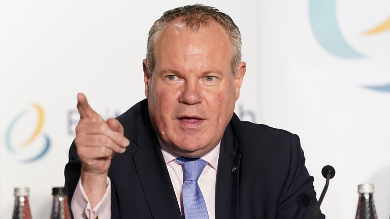 Minister of State for Northern Ireland Conor Burns during a press conference following a British-Irish Council (BIC) summit meeting at the St Pierre Park Hotel in Guernsey. Picture date: Friday July 8, 2022.