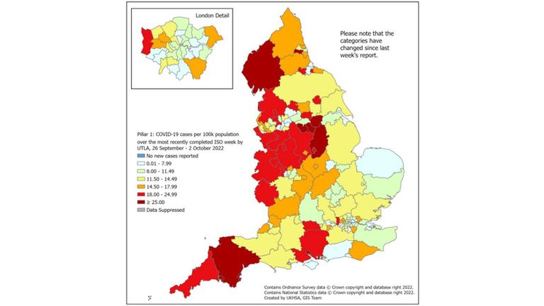 Weekly rate of COVID-19 episodes per 100,000 population (Pillar 1), by
upper-tier local authority (UTLA), England (box shows enlarged map of London
area)