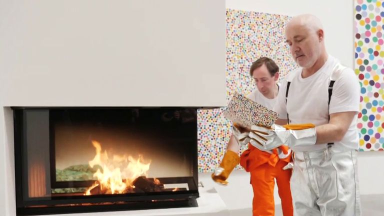 Artist Damian Hurst burning some £10m of his art