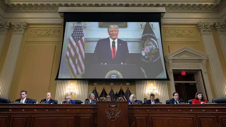 A video of former U.S. President Donald Trump is played during a public hearing of the U.S. House Select Committee to investigate the January 6 Attack on the U.S. Capitol, on Capitol Hill in Washington, U.S., October 13, 2022. Alex Wong/Pool via REUTERS