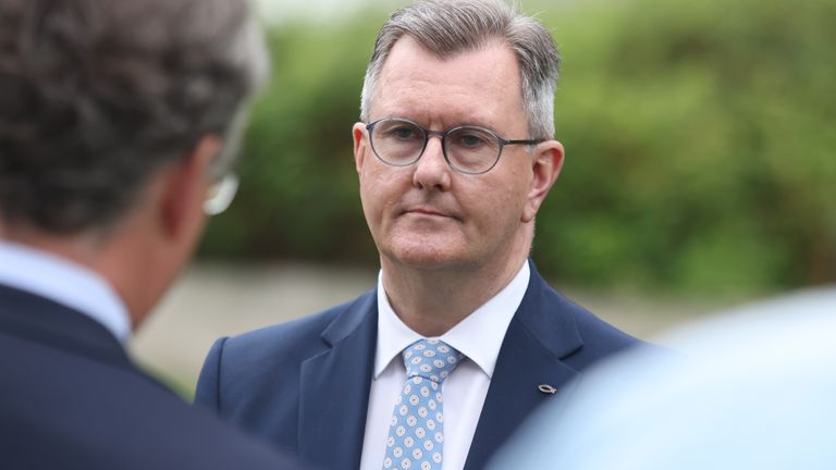 DUP leader Sir Jeffrey Donaldson talking media on College Green, central London, following the State Opening of Parliament. Picture date: Tuesday May 10, 2022.