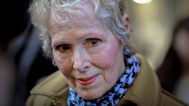 FILE - In this March 4, 2020 file photo, E. Jean Carroll talks to reporters outside a courthouse in New York.  Lawyers for Carroll, who is suing former President Donald Trump, say the U.S. Justice Department made a ...wrong and dangerous... argument in seeking to defend him.  E. Jean Carroll&#39;s lawyers wrote that in court papers filed late Friday, April 16, 2021 (AP Photo/Seth Wenig, File)