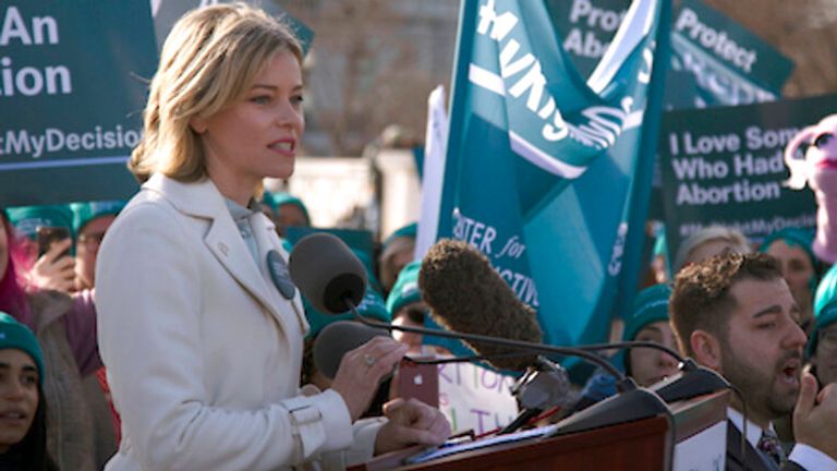 Actor Elizabeth Banks speaks to abortion rights supporters organized by the Center for Reproductive Rights rally as the U.S. Supreme Court hears oral arguments in June Medical Services v. Russo on Wednesday, March 4, 2020, in Washington. (Alyssa Schukar/Center for Reproductive Rights)


