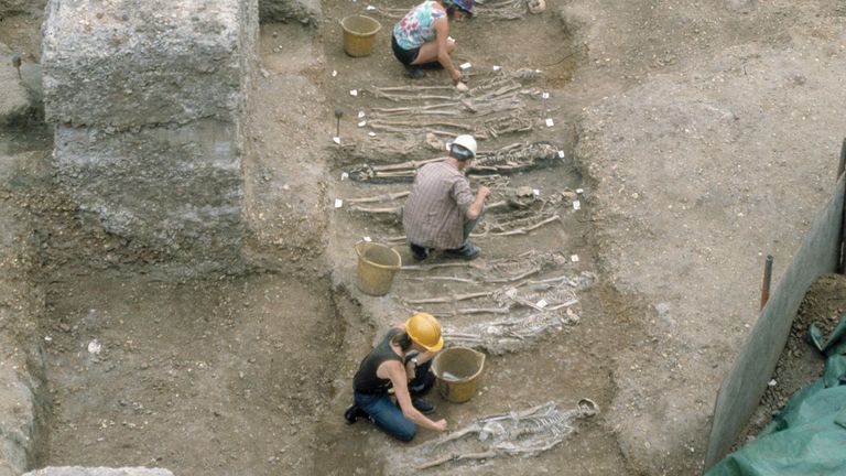 EMBARGOED TO 1600 WEDNESDAY OCTOBER 19 Undated handout photo of East Smithfield plague pits, which were used for mass burials in 1348 and 1349 where researchers extracted DNA from the remains of people buried there. Genes that offered protection against the Black Death pandemic more than 700 years ago are today associated with an increased susceptibility to autoimmune diseases such as Crohn&#39;s and rheumatoid arthritis, according to DNA analysis 