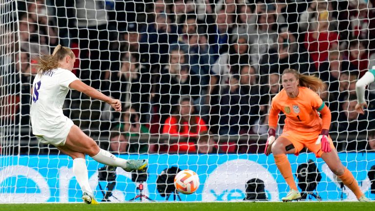 Georgia Stanway takes the penalty to secure England&#39;s second goal. Pic: AP

