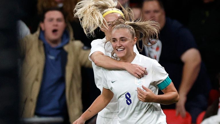 Georgia Stanway celebrates scoring from the penalty spot