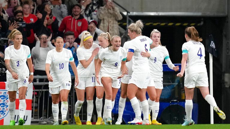 Georgia Stanway, centre, celebrates after scoring England&#39;s second goal. Pic: AP