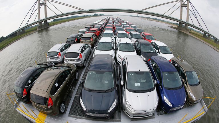 Newly manufactured Ford Fiesta cars are seen on the deck of the car transport ship "Tossa" as it travels along the Rhine, from a Ford plant in the German city of Cologne to the Dutch seaport of Vlissingen, close to Nimwegen in the Netherlands September 13, 2013. A surge in UK auto sales and an extra working day boosted Europe&#39;s new car market in September, providing fresh evidence that demand is slowly bottoming out after plumbing lows not seen in over 20 years. Automotive industry association ACEA said on Wednesday that new car registrations in Europe climbed 5.5 percent to 1.19 million vehicles in September, only the third month a gain was recorded in the past two years. Picture taken September 13, 2013. REUTERS/Wolfgang Rattay (GERMANY - Tags: BUSINESS INDUSTRIAL TRANSPORT MARITIME) ..ATTENTION EDITORS: PICTURE 10 OF 17 FOR PACKAGE  &#39;FORD - A JOURNEY DOWN THE RHINE&#39; .SEARCH &#39;FORD RHINE&#39; FOR ALL IMAGES