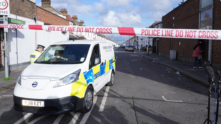 A police forensic van near to the scene in Ilford after two men died and a third was left critically injured after a shooting. Picture date: Tuesday October 25, 2022.
