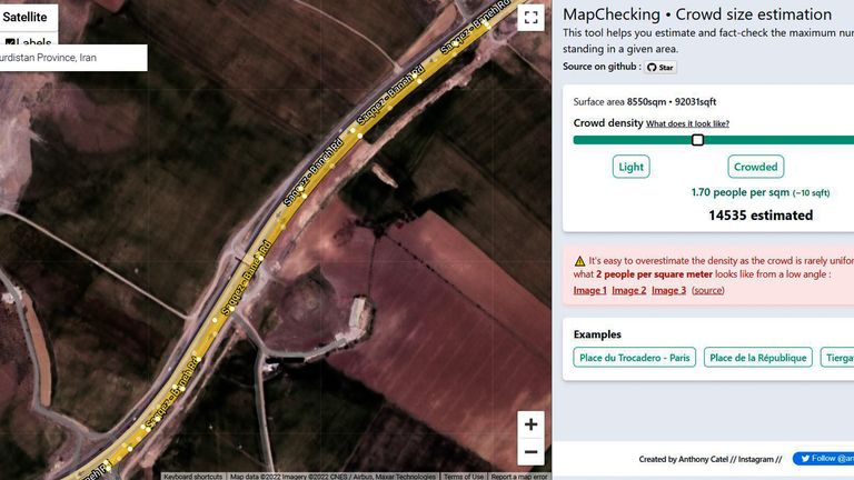 濃い黄色の領域は、ビデオで群衆が集まった場所を示しています。 写真：mapchecking.com
