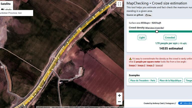 تُظهر المنطقة الصفراء الداكنة مكان تجمع الحشد في الفيديو.  الصورة: mapchecking.com