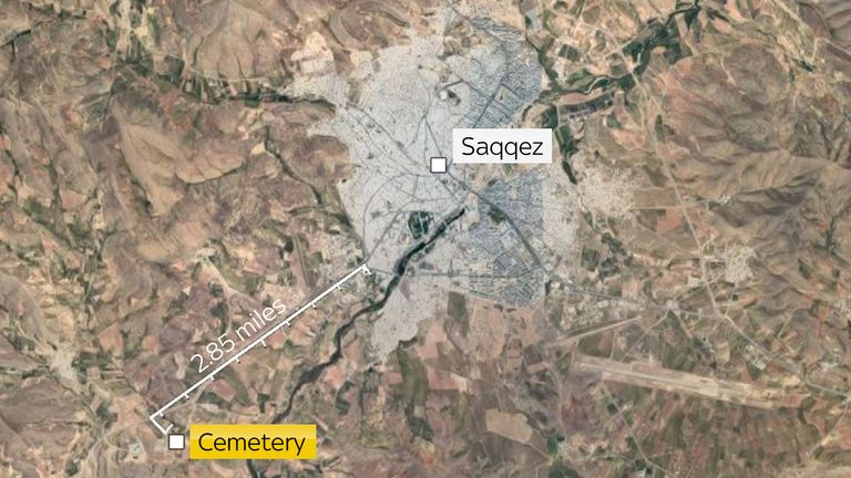 Protesters came from all over Saqqez as well as other local towns and cities. Many walked along the 2.85 mile road from the edge of the city to the cemetery. Pic: Google Maps