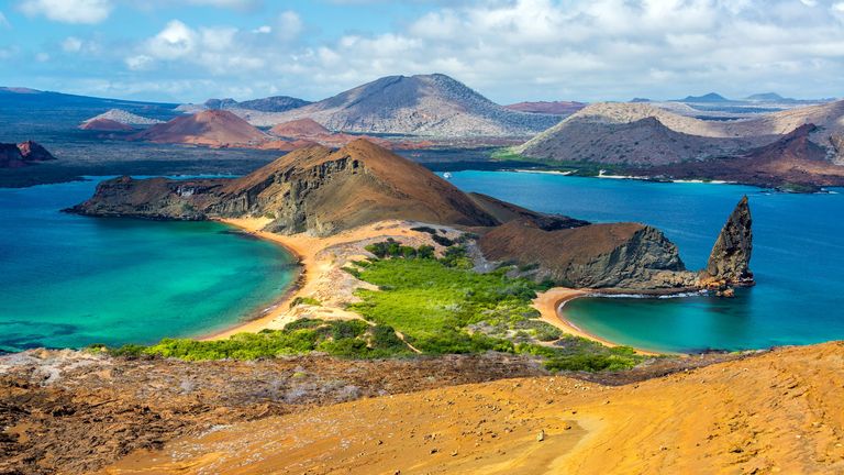 View of two beaches on Bartolome Island in the Galapagos Islands in Ecuador