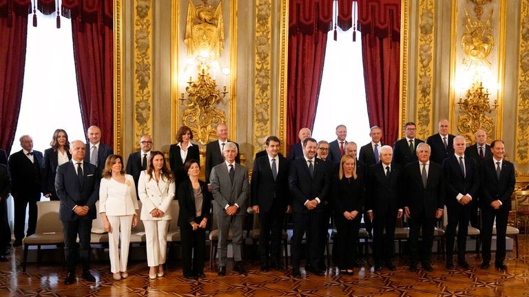Ms Meloni and her new cabinet at the Quirinal presidential palace in Rome Pic: AP 