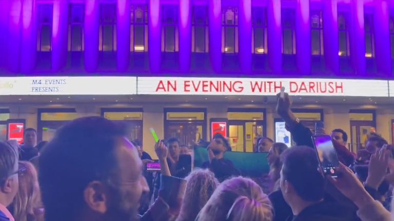 Outside the Eventim Apollo people changed "one solution, revolution" after a concert by Iranian singer Dariush was cancelled following a bomb threat. Pic: Ghoncheh