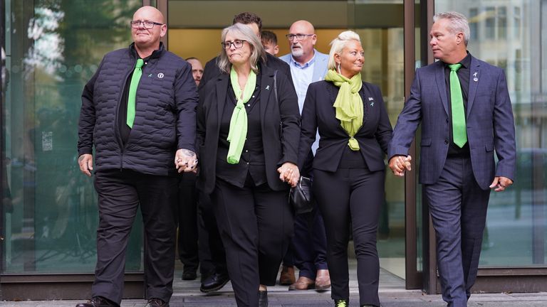 (left to right) The parents of 19-year-old Harry Dunn, Tim Dunn (father) stepmother Tracey Dunn, Charlotte Charles (mother) and stepfather Bruce Charles leave Westminster Magistrates' Court where US citizen Anne Sacoolas, 45, has been granted unconditional bail and the case will next be heard at the Old Bailey on October 27. She is due to face criminal proceedings accused of causing Mr Dunn's death by dangerous driving, when his motorbike crashed into a car outside US military base RAF Croughton