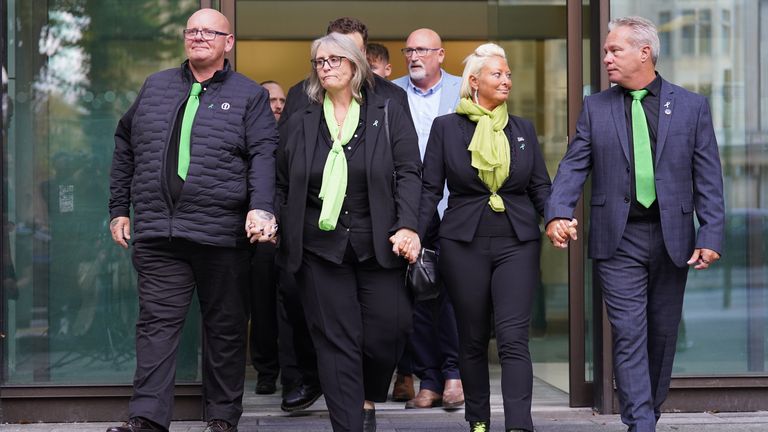 (L to R) Harry Dunn, 19, Tim Dunn (father), stepmother Tracey Dunn, Charlotte Charles Charles (mother) and stepfather Bruce Charles' parents left Westminster Magistrate's Court, US citizen Anne Sacoolas, 45, has been granted unconditional bail for a trial in Old Bailey on October 27.She will face criminal proceedings alleging Mr Dunn died of dangerous driving when his motorcycle crashed into his car outside the US military base RAF Croughton