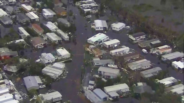 An aerial view of damaged and submerged homes after Hurricane Ian made landfall in Lee County, Florida, US, in this Sept. 29, 2022, video photo.  WPLG TV via ABC via REUTERS.  Attention Editors - This image was provided by a third party with mandatory credit