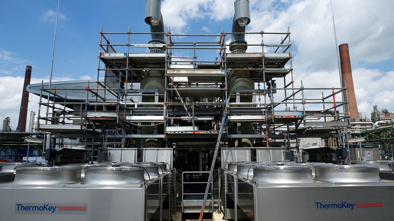 A general view of hydrogen electrolysis plant called &#39;REFHYNE&#39;, one of the world&#39;s first green hydrogen plants, during a launch event at Shell&#39;s Rhineland refinery
