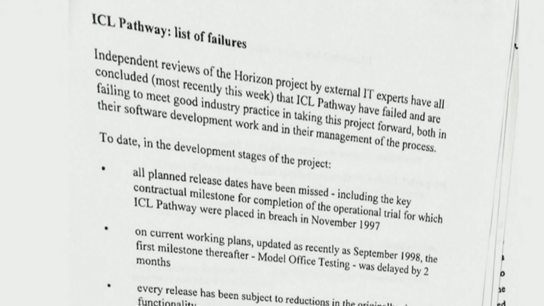 “List of Failures” sent to Tony Blair’s office when he was Prime Minister, warning him about technical issues with the Post Office Horizon ICL computer system. Photographs taken of files held at the National Archives and shown to the YouTube feed of the inquiry