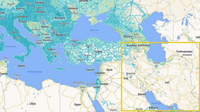 Iran has only a handful of blue highlights (signifying where images taken at street view are) compared to land in Europe and elsewhere. Pic: Google Maps