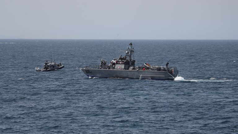 Israeli navy boats are seen in the Mediterranean Sea close to the Lebanese border (File pic)
