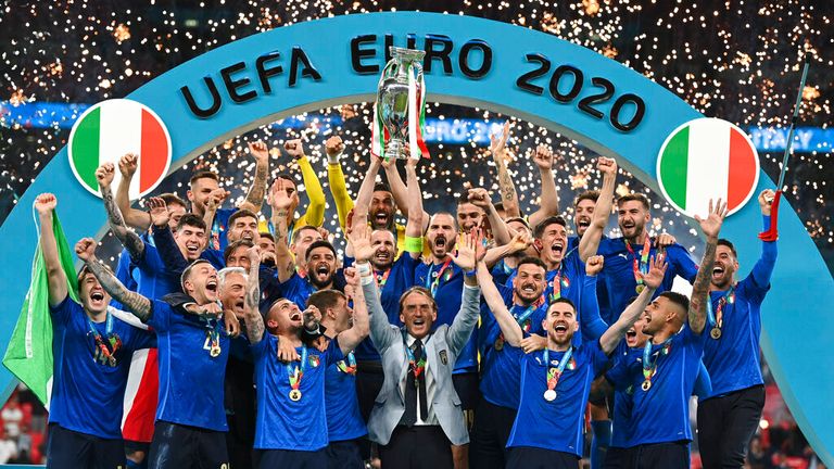 Italy celebrate after winning the Euro 2020 final at Wembley. Pic: AP