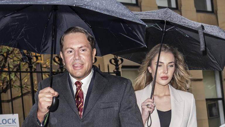 Socialite James Stunt and Helena Robinson arrive at Leeds Cloth Hall Court where he is one of eight defendants on trial over an alleged multimillion-pound money-laundering operation. The former son-in-law of F1 tycoon Bernie Ecclestone is alleged to have been involved with the operation which saw £266 million deposited in the bank account of Bradford gold dealer Fowler Oldfield from 2014 to 2016. Picture date: Thursday October 27, 2022.
