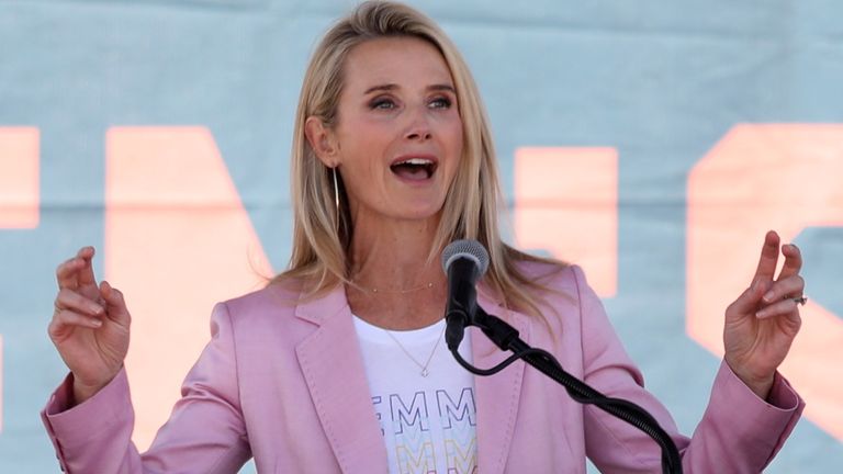 Abortion rights protesters took part in nationwide demonstrations as California first partner Jennifer Siebel Newsom spoke after a leaked Supreme Court opinion hinted at the potential to overturn Roe v. Wayne Abortion Rights Decision, Los Angeles, California, USA, 14 May 2022.  REUTERS/Aude Guerrucci