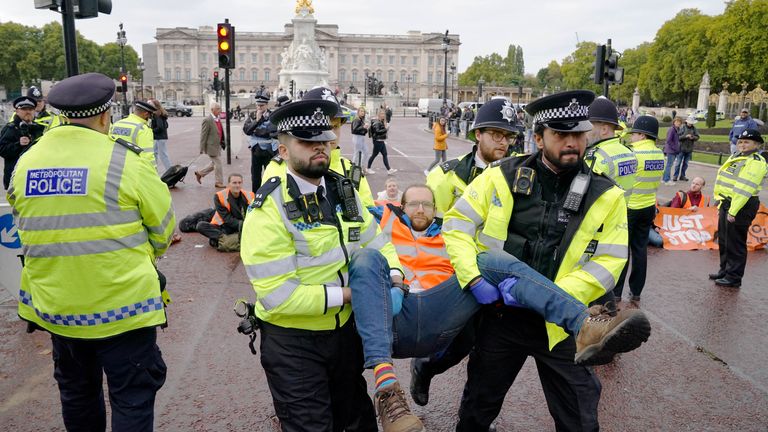 A Just Stop Oil protester is removed on The Mall on Monday 10 October 