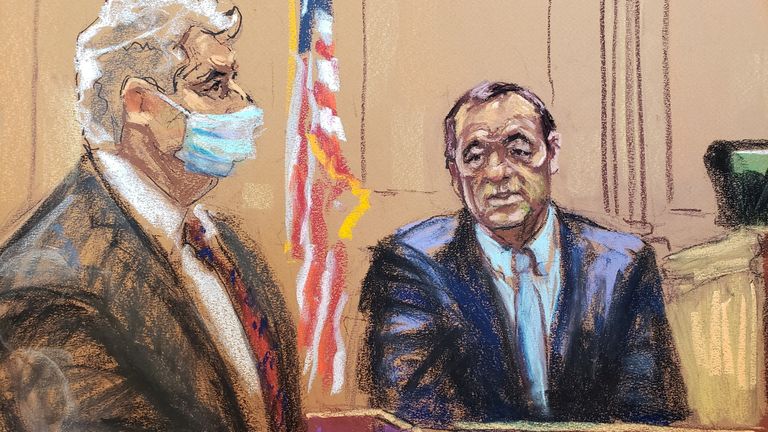 Kevin Spacey is cross examined by Richard Steigman during Anthony Rapp&#39;s civil sex abuse case against Spacey in this courtroom sketch from the trial in New York, U.S., October 18, 2022 as U.S. District Judge Lewis Kaplan presides. REUTERS/Jane Rosenberg