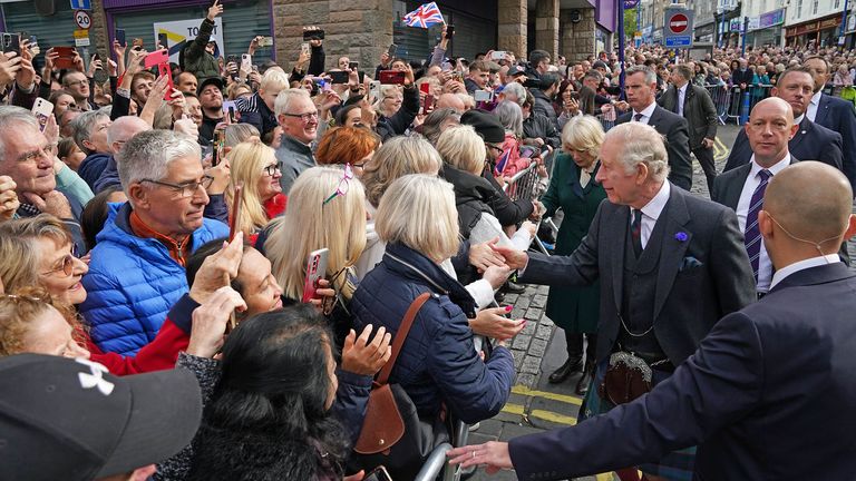 King Charles III and the Queen Consort greet members of the public as they attend an official council meeting at the City Chambers in Dunfermline, Fife, to formally mark the conferral of city status on the former town, ahead of a visit to Dunfermline Abbey to mark its 950th anniversary. Picture date: Monday October 3, 2022.