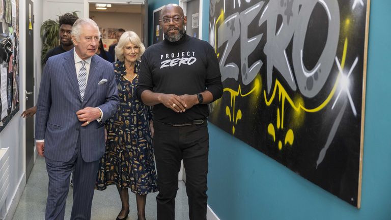 King Charles III and the Queen Consort with Project Zero founder Stephen Barnabis (right) during a visit to Project Zero in Walthamstow, east London. Picture date: Tuesday October 18, 2022.