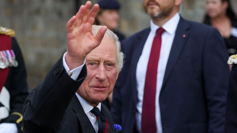 Britain&#39;s King Charles waves at an official ceremony to mark Dunfermline as a city, in Dunfermline, Scotland, Britain, October 3, 2022. REUTERS/Russell Cheyne
