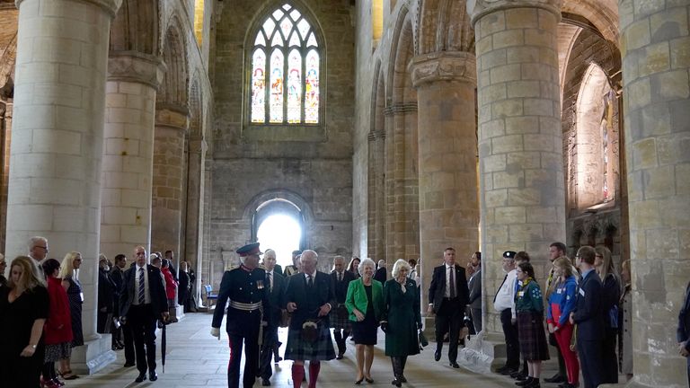 King Charles and the Queen Consort visit Dunfermline Abbey