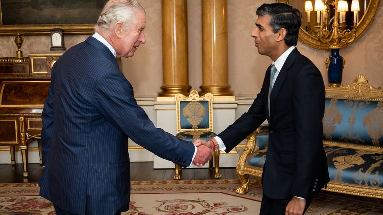 King Charles III welcomes Rishi Sunak during an audience at Buckingham Palace, London, where he invited the newly elected leader of the Conservative Party to become Prime Minister and form a new government. Picture date: Tuesday October 25, 2022.
